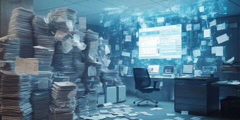 Modern office transitioning from paper to digital document management system