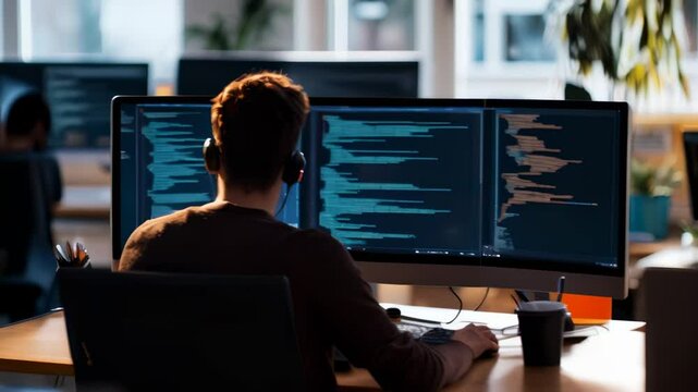 Software developer is working on a project, writing code on his computer. His colleagues are working in the background