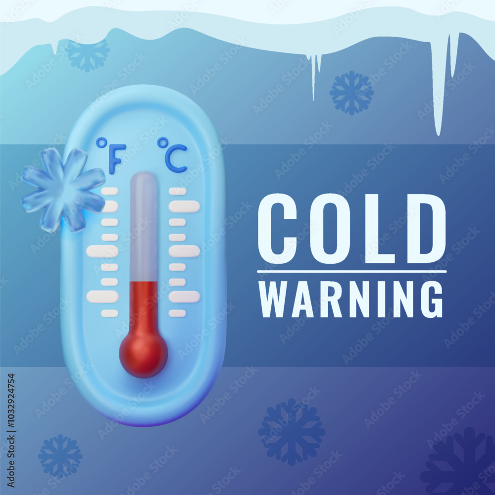 Wall mural cold warning, low temperature vector design. 3d realistic thermometer with snowflake on blue backgro