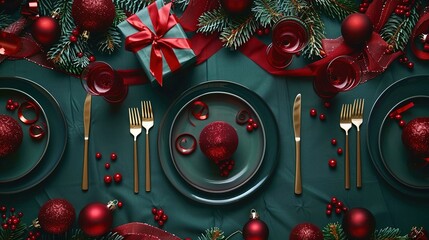 Festive Christmas Table Setting with Red Ornaments and Green Plates