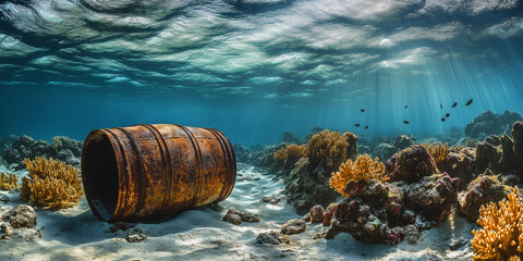 Fototapeta premium Rusty barrel lying on seabed with tropical fish swimming nearby