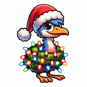 recommend clip art: Emu bird wearing a santa claus hat wrapped in christmas lights clip art cartoon illustration