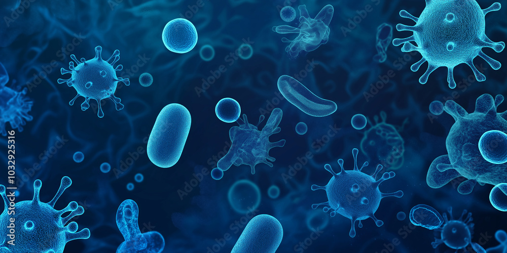 Poster Microscopic view of viruses and bacteria floating in a medium