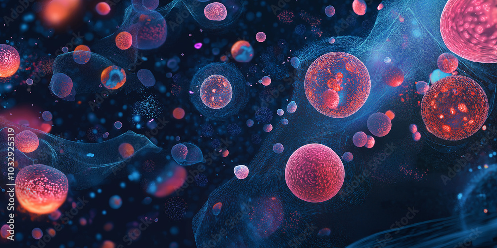 Poster Microscopic view of cells reproducing and multiplying in 3d render