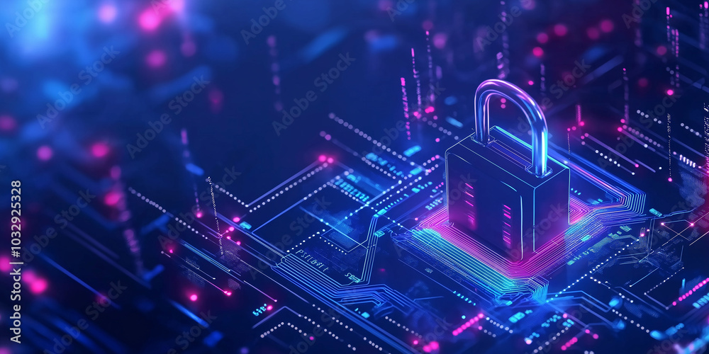 Poster Digital padlock glowing on circuit board protecting data flow