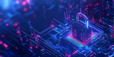 Digital padlock glowing on circuit board protecting data flow