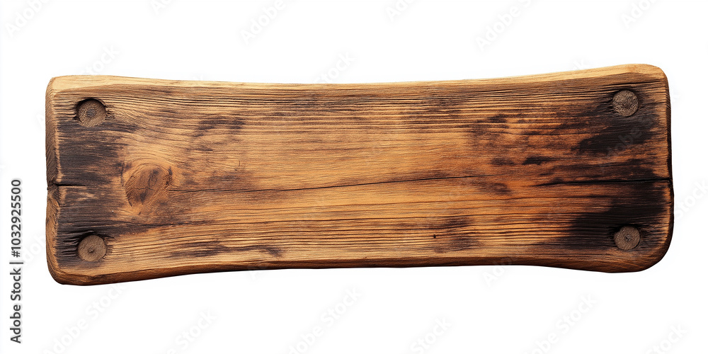 Poster old rectangular wooden board with nails showing grain and knots isolated on white background
