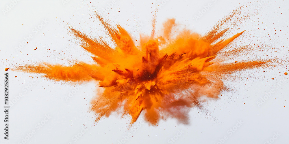 Poster Orange powder exploding on white background creating abstract shape