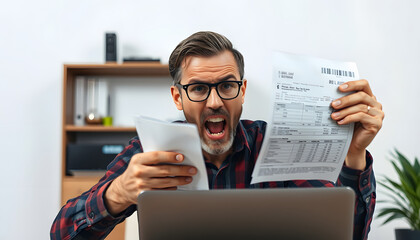 One man shouting angry in video call holding bills paper. People and life costs problems. Gas energy price. One man calling on laptop computer and explaining trouble with bad expression and stress i