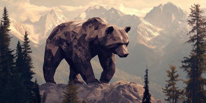 Polygonal bear prowling on a mountain top at sunset - Powered by Adobe