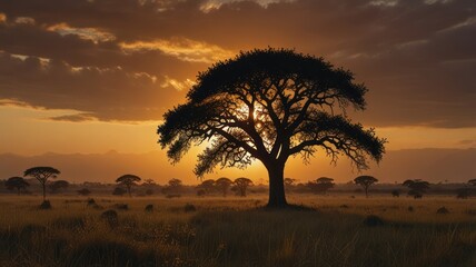 Obraz premium A single tree stands silhouetted against a vibrant sunset, with a hazy savanna and a dramatic sky in the background.