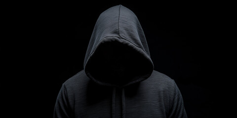 Dangerous unknown person wearing hood hiding face in the dark
