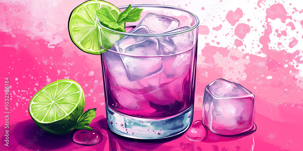 Poster refreshing pink cocktail with ice cubes and lime slices on pink background