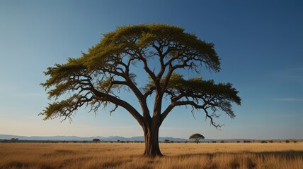 A lone, majestic tree stands tall in a vast, golden savanna landscape under a clear blue sky.