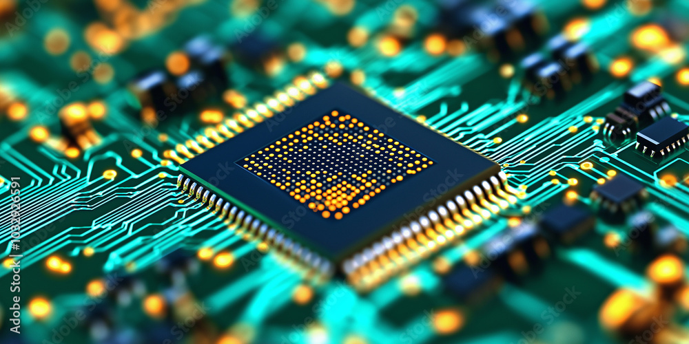 Poster Modern cpu processor performing complex calculations on circuit board