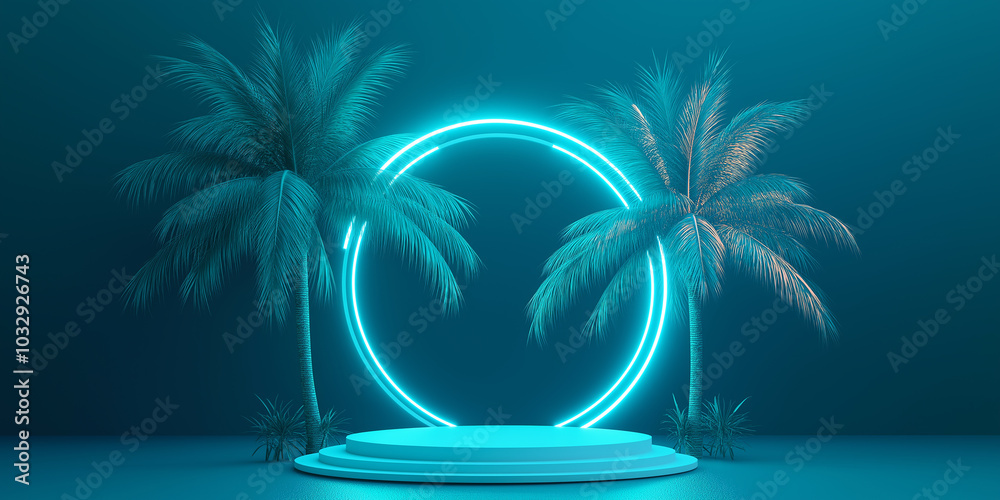 Poster empty blue podium surrounded by palm trees and neon light circle for product placement