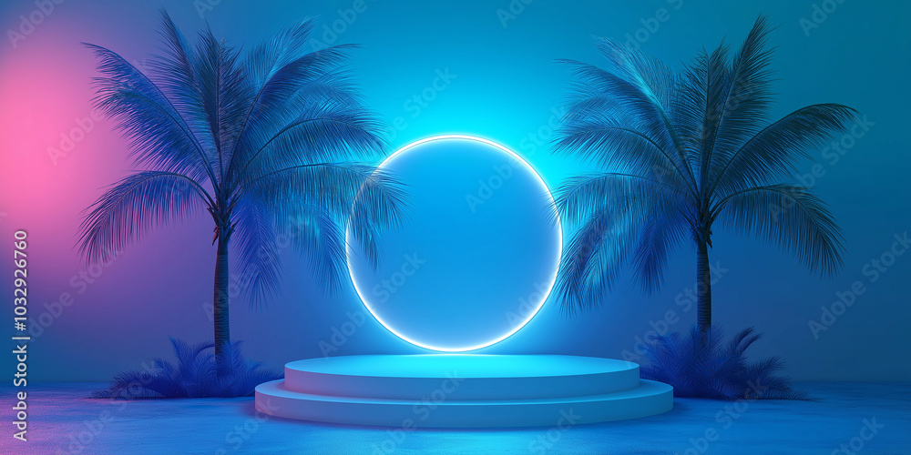 Poster Abstract neon circle glowing behind empty podium with palm trees