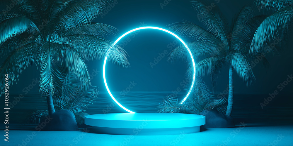 Aufkleber neon circle illuminating empty podium between palm trees on tropical beach at night
