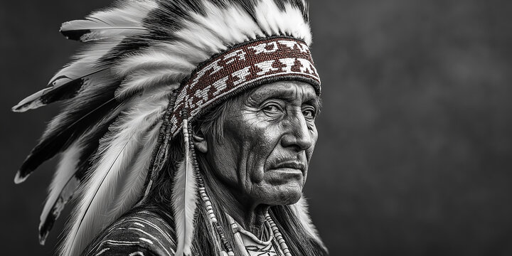 Native american chief wearing traditional headdress posing in black and white
