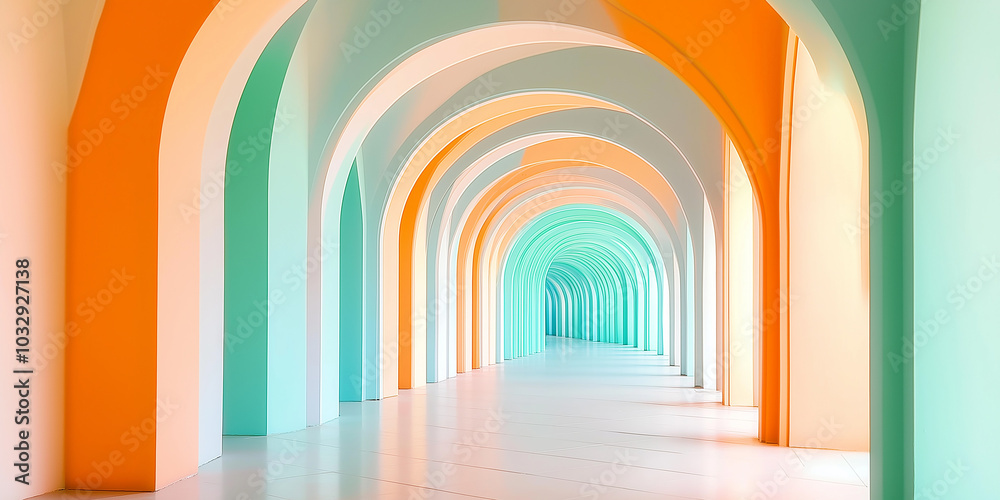 Aufkleber long corridor with arches creating a perspective effect in orange and green tones