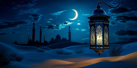 Ornate lantern hanging over sand dunes at night with mosque background