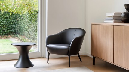 Modern living space featuring a chair and side table by a window.