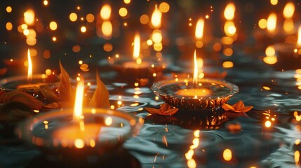 Floating Candles with Golden Lights and Flowers