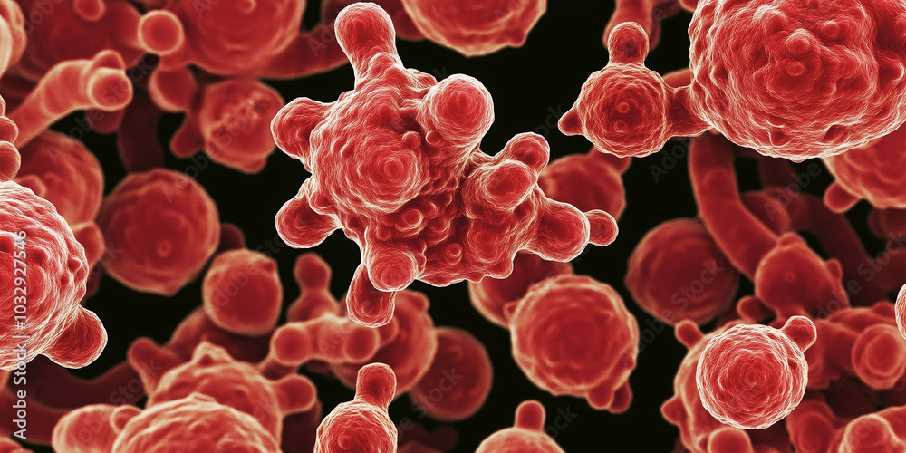 Poster microscopic view of cancer cells mutating and dividing