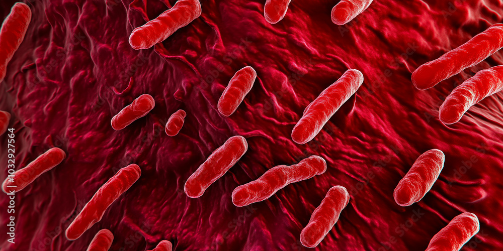 Poster microscopic view of rod-shaped bacteria multiplying on organic tissue