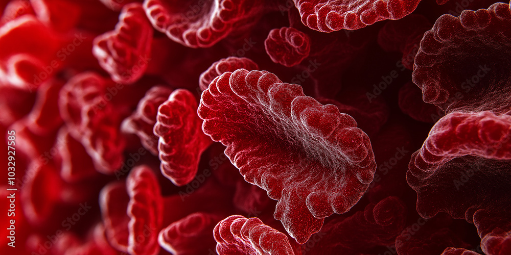Poster microscopic view of mutating red blood cells flowing in vein