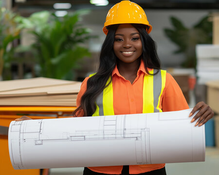 African female architect holding a rolled-up construction blueprint. He is wearing a safety vest and hard hat