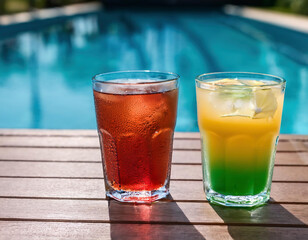 colorful summer cocktails in glasses on the background of a swimming pool.