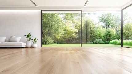 Bright, modern interior with large windows showcasing a lush garden view.