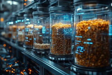 A futuristic factory with multiple glass containers filled with different types of grain. The containers are labeled with holographic data about the contents.