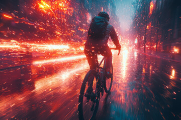 Photos of bikers and cyclists riding through neon-lit streets emphasize sustainable transportation options in cities. Concept of urban sustainability.