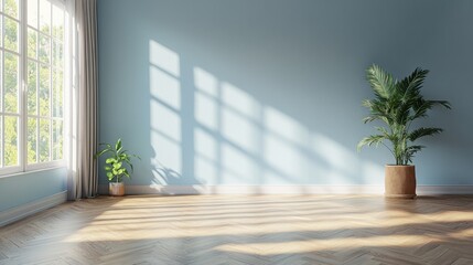 A large empty room with a window and a potted plant