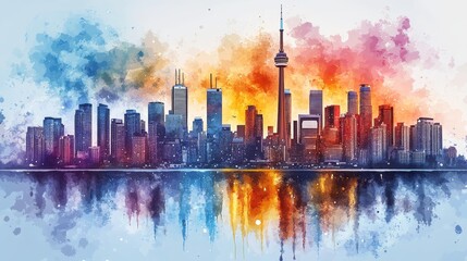 Obraz premium A city skyline bathed in soft watercolor tones, skyscrapers adorned with bold, colorful street art, creating a striking contrast between modernity and raw expression