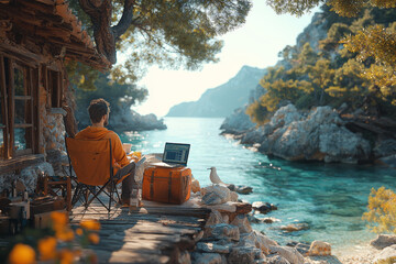 Digital nomads working from exotic locations, such as beaches or mountain cabins, highlight the appeal of remote work. Concept of digital nomadism.