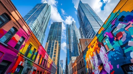 Obraz premium Tall glass-and-steel skyscrapers towering over retro street murals, creating a contrast of corporate uniformity against vibrant urban artistry