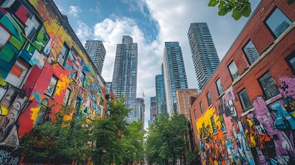 Obraz premium Skyscrapers reaching for the heavens, framed by dynamic street art, painting the cityscape in bold splashes of creativity and modern energy