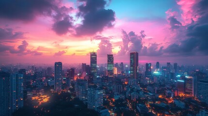 Fototapeta premium 80s-inspired city skyline at dusk, colorful street art murals covering skyscrapers, blending with soft, pastel sky hues for a nostalgic urban vibe