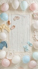A dreamy baby shower setup graces a quilted backdrop with pastel balloons and clothes, all arranged in a joyful celebration of new life, leaving perfect space for showcasing products or messages..