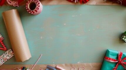 An array of DIY holiday gift-making supplies, including craft paper, ribbons, and ornaments, evoking a serene yet festive mood in preparation for the joyous season. Flat lay, top view, copy space.