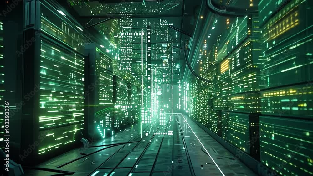 Poster A vibrant corridor filled with glowing green lights highlights a high-tech environment characterized by intricate data pathways and futuristic design elements.