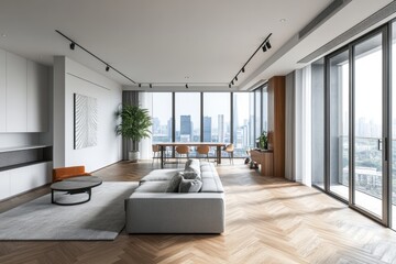 A large living room with a couch, a coffee table, and a potted plant