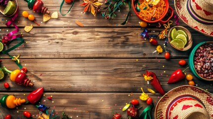 A festive array of Cinco de Mayo sombreros and maracas, bordered by colorful garlands on a wooden surface, showcasing the vibrant essence of Mexican heritage. Flat lay, top view, copy space.