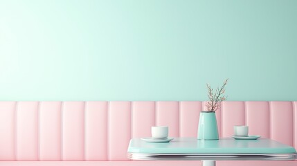 A stylish, pastel-themed cafe interior featuring a soft pink seating area and a mint green wall, complemented by a simple table and decorative vase.