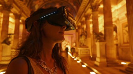 Amidst the warm glow of history, a woman with VR glasses takes an augmented reality-guided tour through a classical museum, experiencing art like never before.
