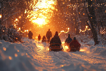 A snowy winter landscape where children are sledding while their parents gather wood for a cozy Christmas night represents seasonal joy. Concept of holiday spirit.