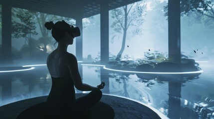 Embracing serenity, a person finds tranquility in meditation within a simulated natural sanctuary, a modern meld of mindfulness and virtual reality tech.